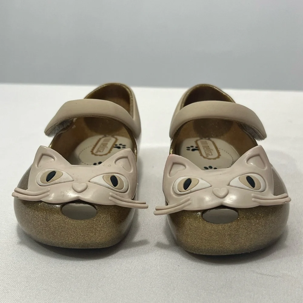 Mini Melissa Gold and Cream Cat Mary Jane Dress Shoes Toddler Size 7